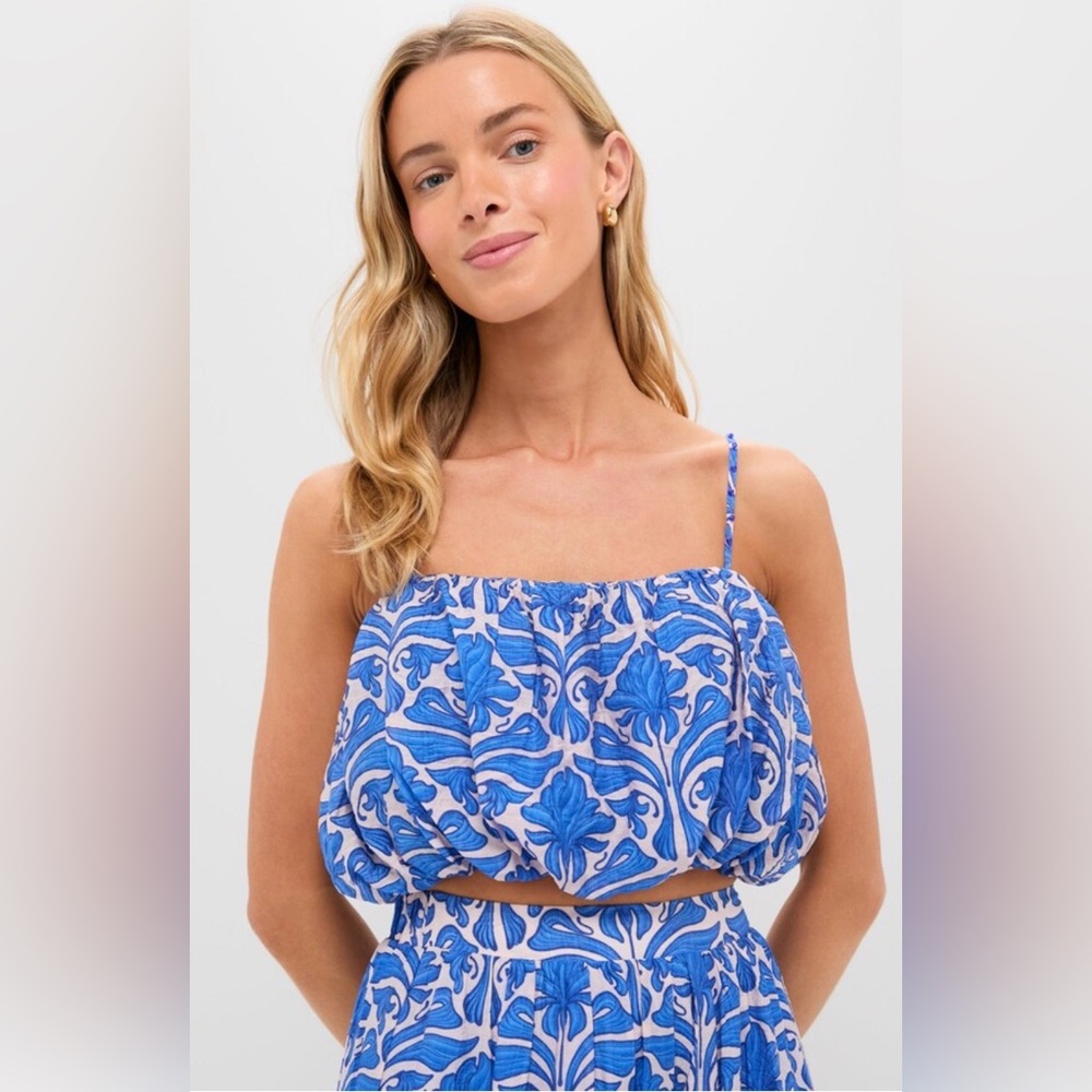 ENGLISH FACTORY Blue Geometric Floral Azores Bubble Blouse Size XS NWT Cropped